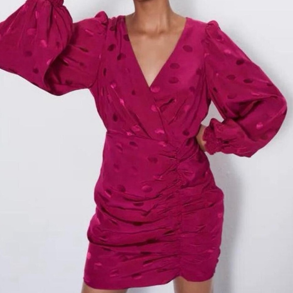 Zara Polka Dot Satin V Neck Ruched Long Sleeve Dress Magenta Size Medium - Picture 10 of 10